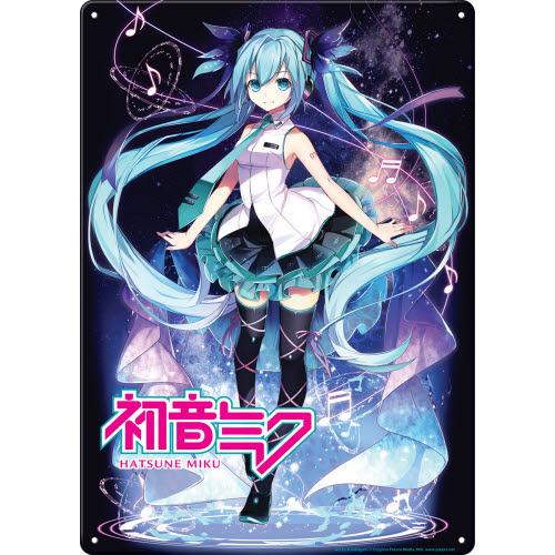 Metal sign featuring an anime character with long blue hair and colorful background