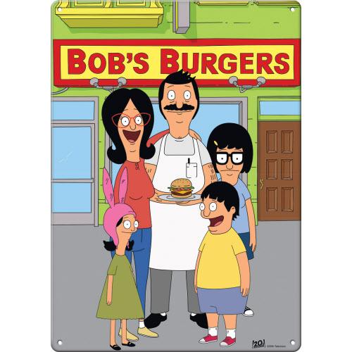 A metal sign featuring the characters from the animated TV show 'Bob's Burgers', with the show's logo at the top.