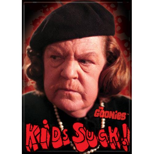 Character from 'The Goonies' with text 'Kids Suck!' on a red background