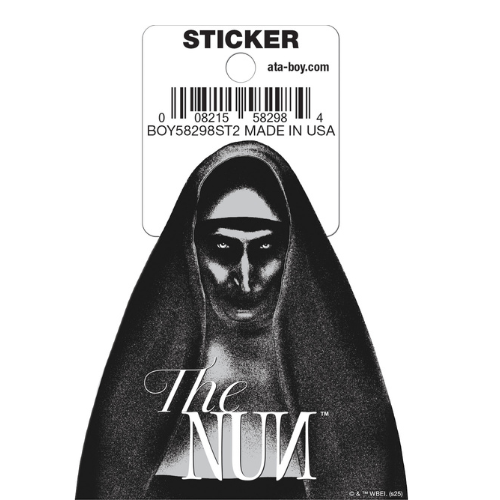 Sticker of 'The Nun' character with branding and product information on a white background