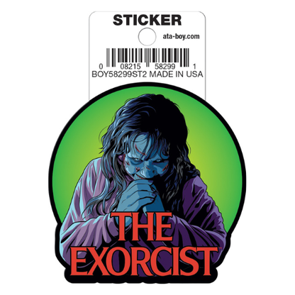 Sticker of 'The Exorcist' character with green background and 'ata-boy.com' label.