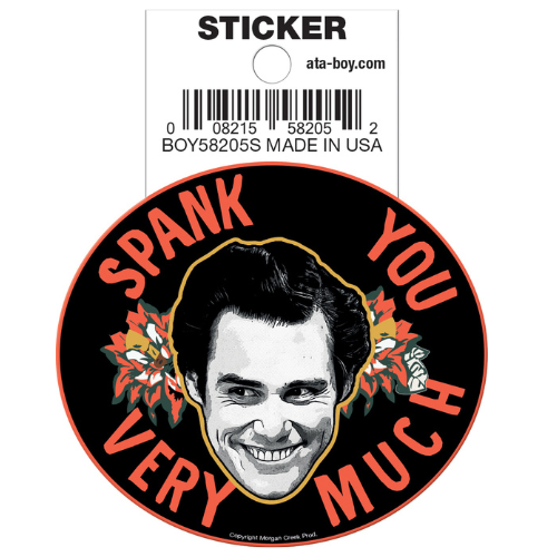 Sticker with a graphic of a man's face and text 'Spank You Very Much' on a white background.
