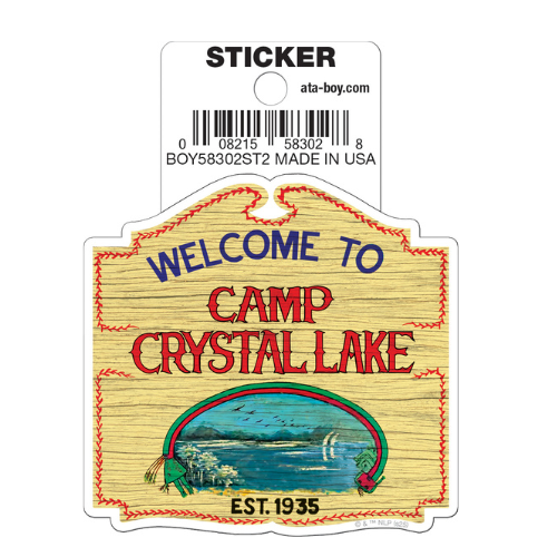 Sticker with 'Welcome to Camp Crystal Lake' text on a white background