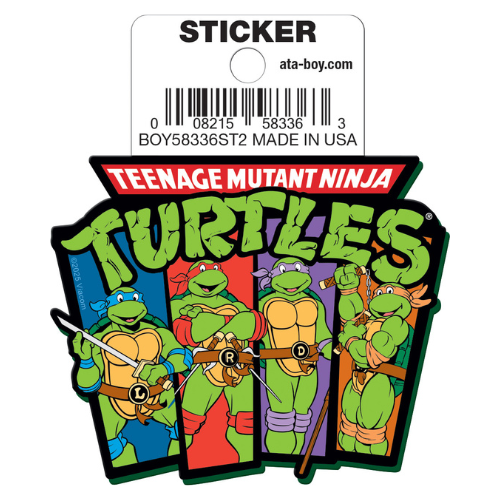 Sticker of Teenage Mutant Ninja Turtles with brand label on a white background