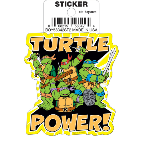 Sticker with cartoon turtles and 'Turtle Power!' text on a white background