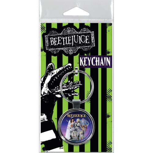 Beetlejuice keychain packaging with green and black striped design