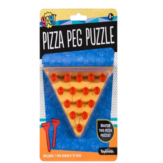 Packaged Pizza Peg Puzzle game with red pegs on a yellow board, designed for ages 8 and up.